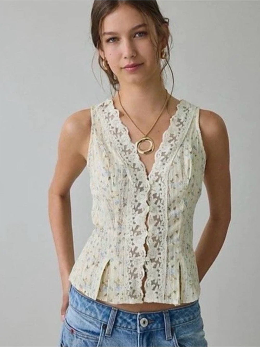 Kimchi Blue Aurelia Lace Trim Sleeveless Blouse white blue floral XL womens
